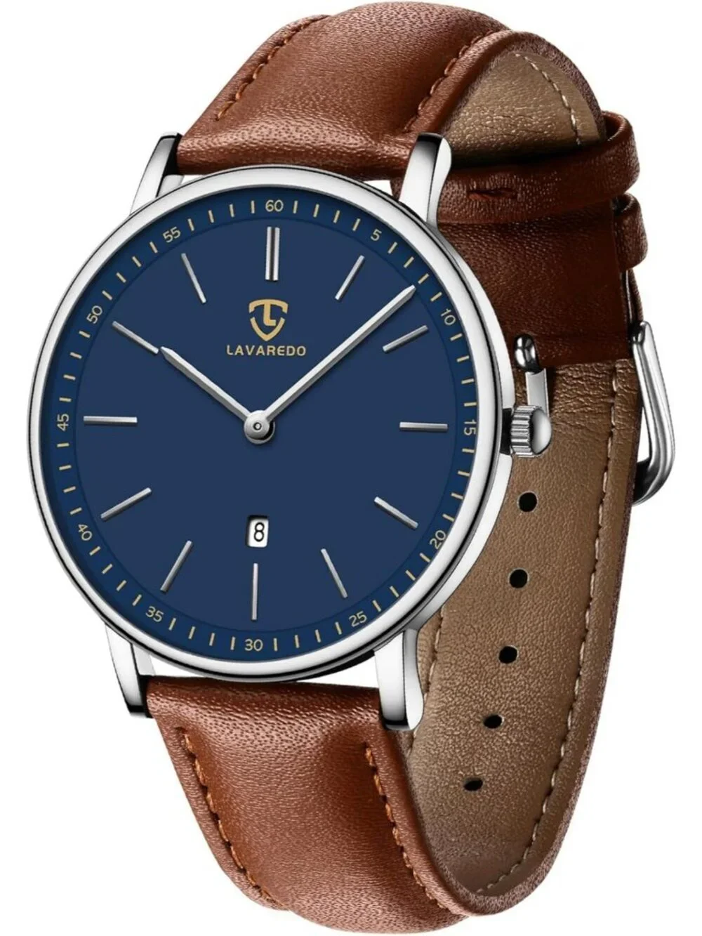 Men's Blue Dial Brown Leather Strap Analog Minimalist Fashion Simple Wrist Watch